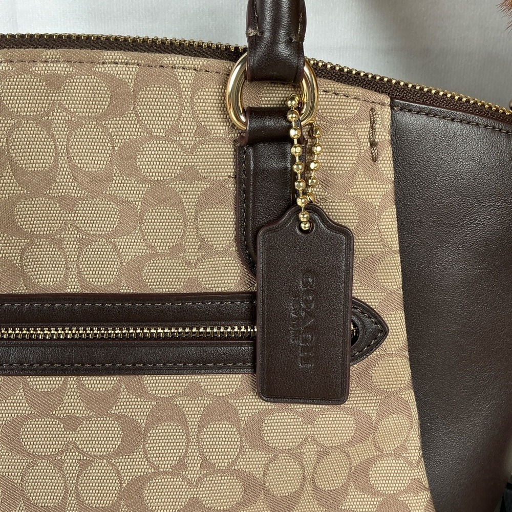 Coach Elise hand Crossbody Bag Brown Tan Signature Jacquard Satchel Fall Purse - Picture 4 of 10